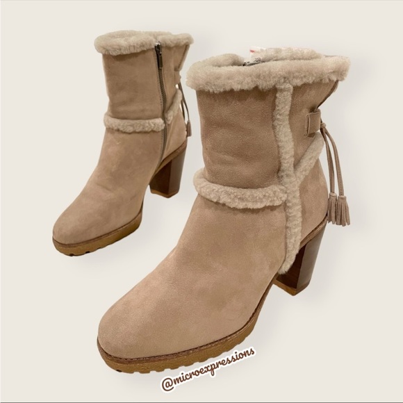 $479 Frye Jen Shearling Fur Beige/Tan Short Real Suede Heeled Zip Up AnkleBootie - Picture 10 of 16
